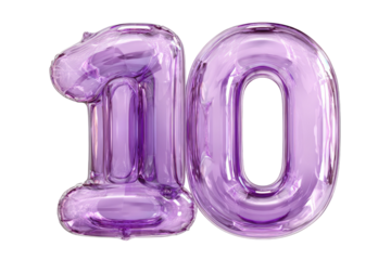 Shiny purple, translucent balloon numbers '10' floating, set against a solid black background