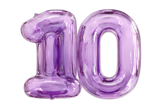 Shiny purple, translucent balloon numbers '10' floating, set against a solid black background - Powered by Adobe