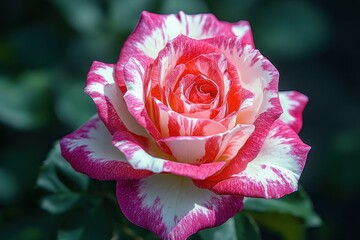 Close-up of a vibrant pink and white rose blooming with delicate petals and soft natural lighting surrounded by blurred green leaves