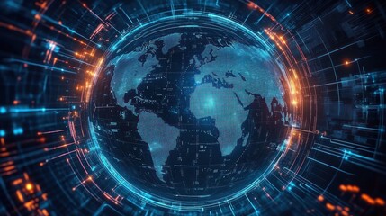 Digital representation of the Earth surrounded by futuristic glowing technological interfaces and data streams in blue and orange hues conveying connectivity and innovation