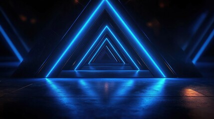 Futuristic corridor with glowing blue neon triangular frames reflecting on a dark polished floor, creating a sense of depth and mystery