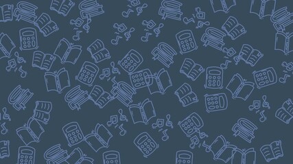 Books, calculators, and musical notes on a grey background. Suitable for educational concept designs, musicrelated content, and academic presentations.