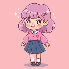 Cartoon vector illustration of a cute little girl in a pink dress holding a heart, smiling with childhood fun and love