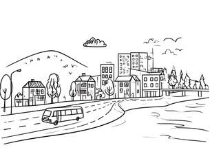 A black and white sketched cityscape with houses, road, and a bus