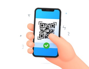 A cartoon hand holds a smartphone displaying a QR code