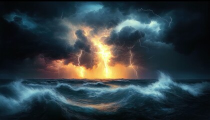 Vivid lightning striking over turbulent ocean waves beneath dark storm clouds with dramatic glowing sky