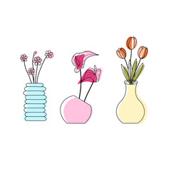 Pastel Botanical Set with Minimalist Flower Vases Illustration