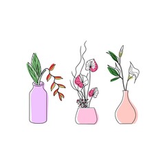Pastel Botanical Vase Set with Tropical and Minimalist Flowers Illustration