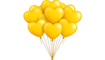 A cluster of bright yellow heart-shaped balloons floating against a white background