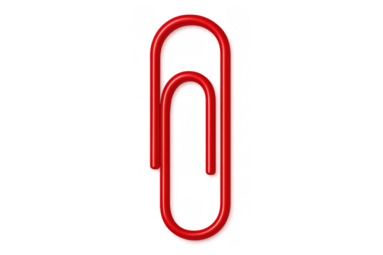 Red paperclip holding documents together, concept of office organization, business attachment, or stationery supply, transparent background