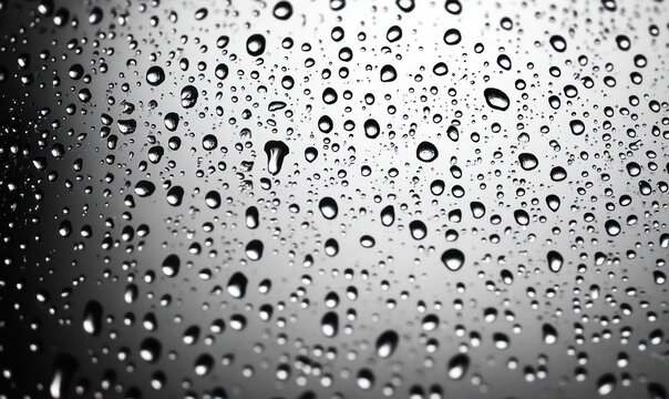 Close-up view of water droplets scattered on a glass surface creating a moody and reflective atmosphere in black and white