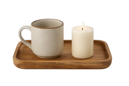 Ceramic mug and lit candle on wooden tray for relaxation