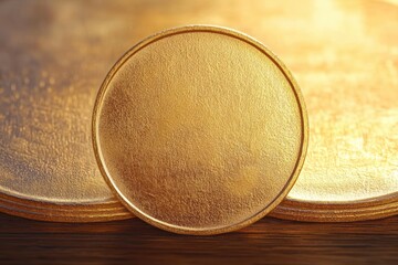 Close-up of shiny gold circular disc with textured surface leaning against stacked rectangular gold sheets on wooden surface