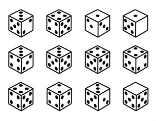 A dozen dice, each showing a different face, arranged in a grid