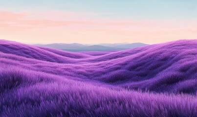 Obraz premium Vast serene hills covered with dense purple grass under a calm pastel sky at sunset