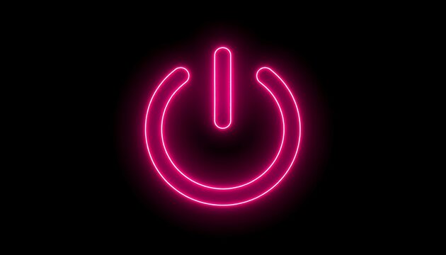 A bright neon pink power icon glowing against a black background