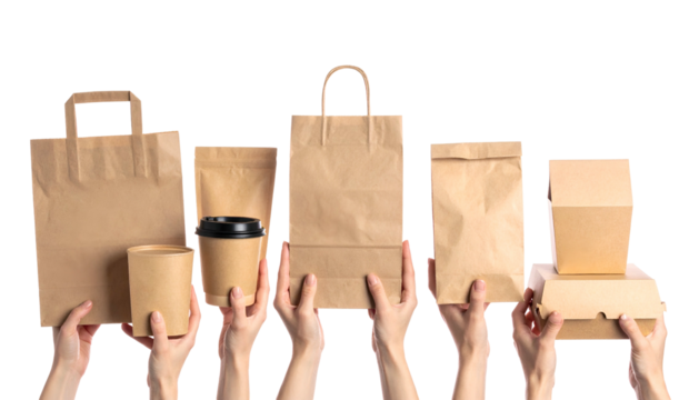 Several hands hold up an assortment of eco-friendly paper containers, against a black background