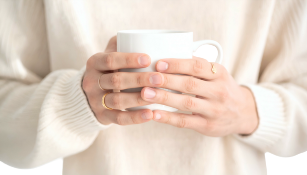 Close up of hands holding a white mug, wearing rings, cozy knit sweater in background