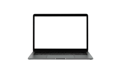 Front view of a sleek, grey laptop with a bright white screen against a black background