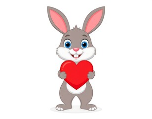 Fototapeta premium A cartoon-like rabbit holding a red heart on a white background