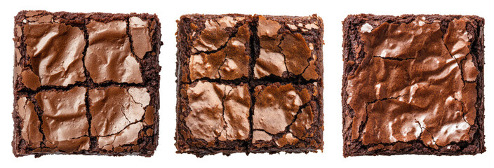 Three rich chocolate brownies aligned in a row with transparent background,