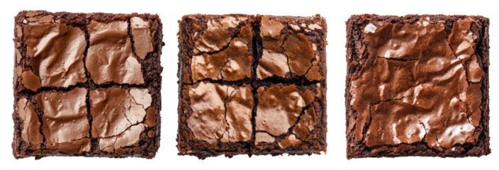 Three rich chocolate brownies aligned in a row with transparent background,