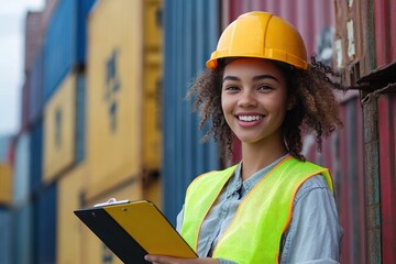 Smiling young female worker wearing a yellow hard hat and reflective safety vest holding a clipboard standing next to stacked colorful shipping containers