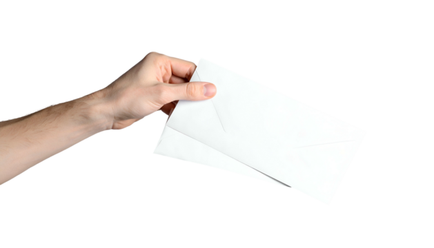 A hand holds a white, rectangular envelope against a black background, ready to deliver