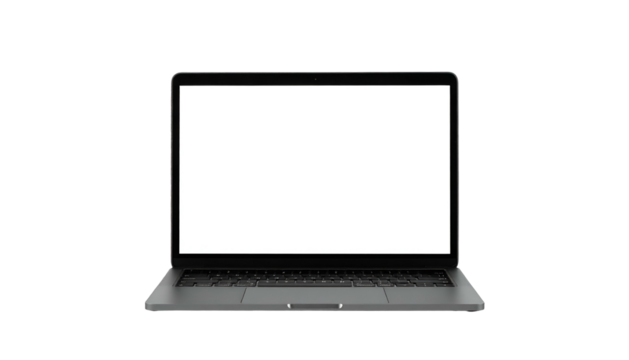 Front view of a sleek, grey laptop with a bright white screen against a black background