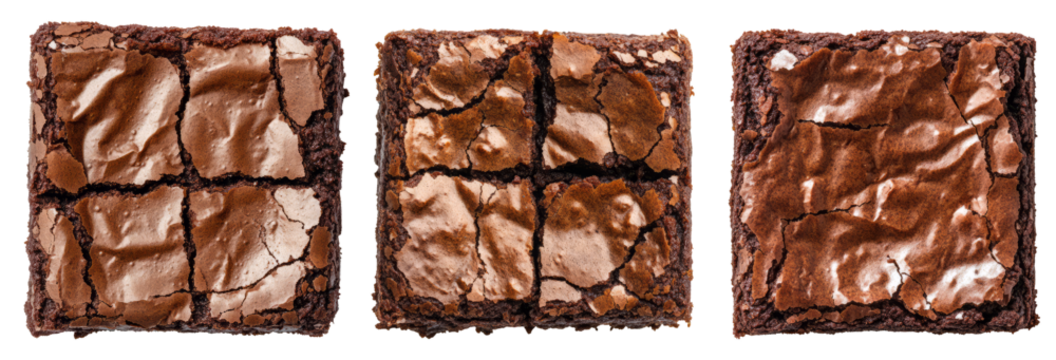 Three rich chocolate brownies aligned in a row with transparent background,