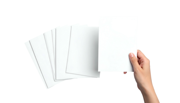 A hand holding a blank white sheet of paper over a stack of other blank papers