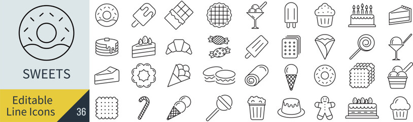 線の編集ができるスイーツに関するアイコンセット（アウトライン化していない）
