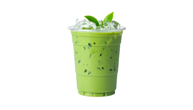 A cold matcha beverage in a clear plastic cup, topped with ice and fresh leaves