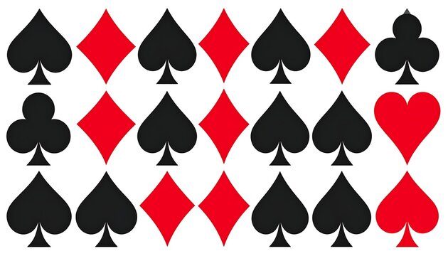 A repeating pattern of playing card suits in red and black on white
