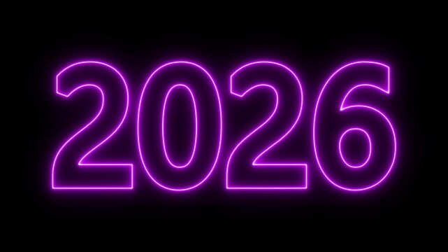 Animated glowing flickering neon inscription 2026. Perfect for new year's eve countdowns, celebrations, event promotions, yearly recap videos. Neon sign 2026.