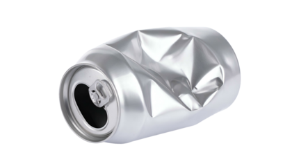 Close-up of a crushed, silver aluminum beverage container against a black background