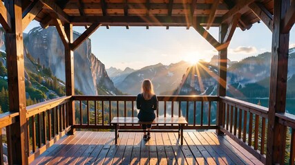 Young woman sitting on a pier over the sea during a summer vacation at sunset