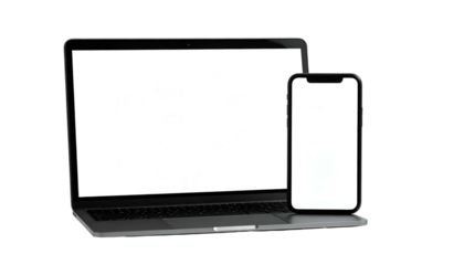 A laptop and a smartphone sit side-by-side on a black background, both with blank white screens