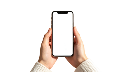 Two hands holding a smartphone with a bright white screen against a black background