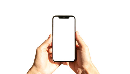 Person holding a phone with blank screen against a black backdrop, illuminated by sunlight