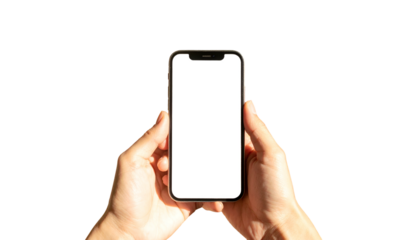 Person holding a phone with blank screen against a black backdrop, illuminated by sunlight