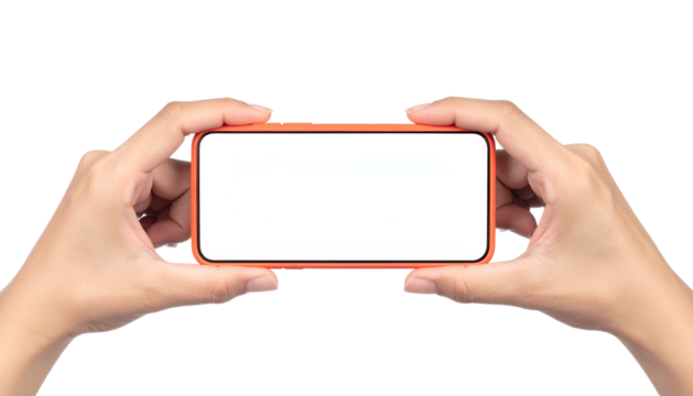 Hands holding an orange phone horizontally, with a blank white screen on a black background