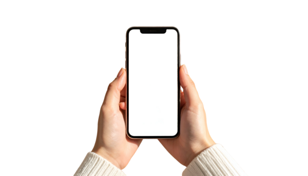 Two hands holding a smartphone with a bright white screen against a black background
