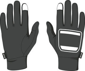 Black sport gloves vector illustration, technical flat mockup with touchscreen fingers, isolated apparel template showing palm and back view.