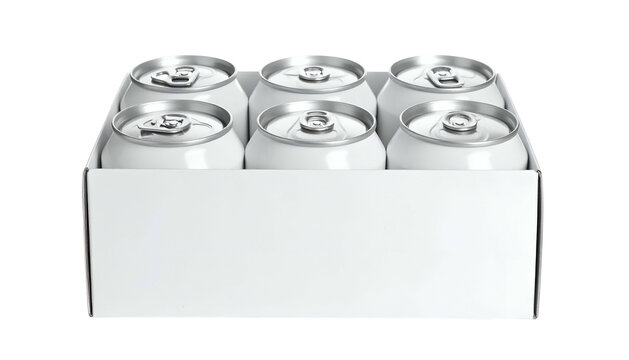 Six white aluminum cans in a plain cardboard carrier, isolated against a transparent background