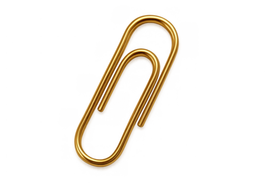 Golden paper clip connecting office documents, metal stationery accessory for organization and management on transparent background