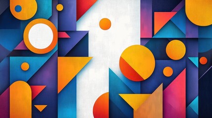 abstract geometric composition featuring overlapping circles, triangles, and rectangles in vibrant orange, blue, purple, and red hues on a textured white background