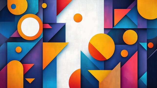 abstract geometric composition featuring overlapping circles, triangles, and rectangles in vibrant orange, blue, purple, and red hues on a textured white background - Powered by Adobe