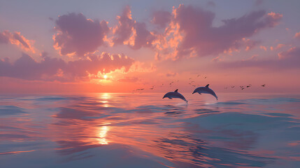 Serene Dolphins at Ocean Sunset: Backlit Waves and Clouds Reflecting Peaceful Nature's Beauty in a Tropical Paradise with Vibrant Colors and Playful Elegance - Euphoria in the Mystical Landscape