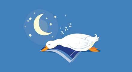 A peaceful white duck is sound asleep on a soft blue pillow under a tranquil night sky with a crescent moon and twinkling stars.
